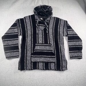 Vintage Mexican Baja Hoodie Drug Rug Black White Striped Pullover Sweatshirt